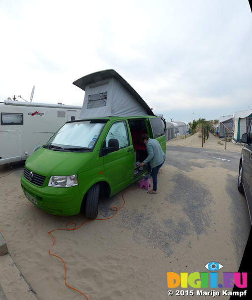 FZ015992-6009 Jenni at the campervan on camping Zeepark in De Panne